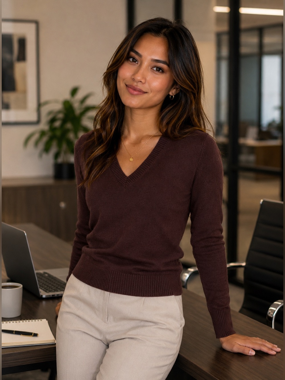 Lands' End Brown Pima Cotton V-Neck Sweater